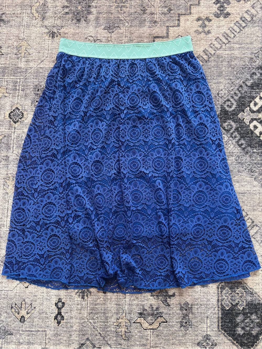 LuLaRoe Lucy Royal Blue Lace Midi Skirt with Teal Waistband
